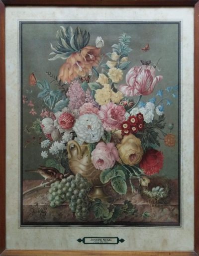 Joseph Nigg. Composizione di fiori, farfalle, passero e uva (Opera)