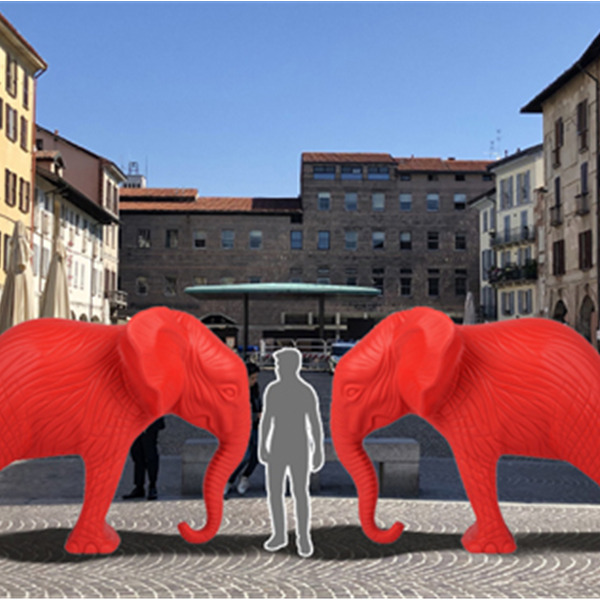Due elefanti rossi a Pavia. Installazione di Cracking Art